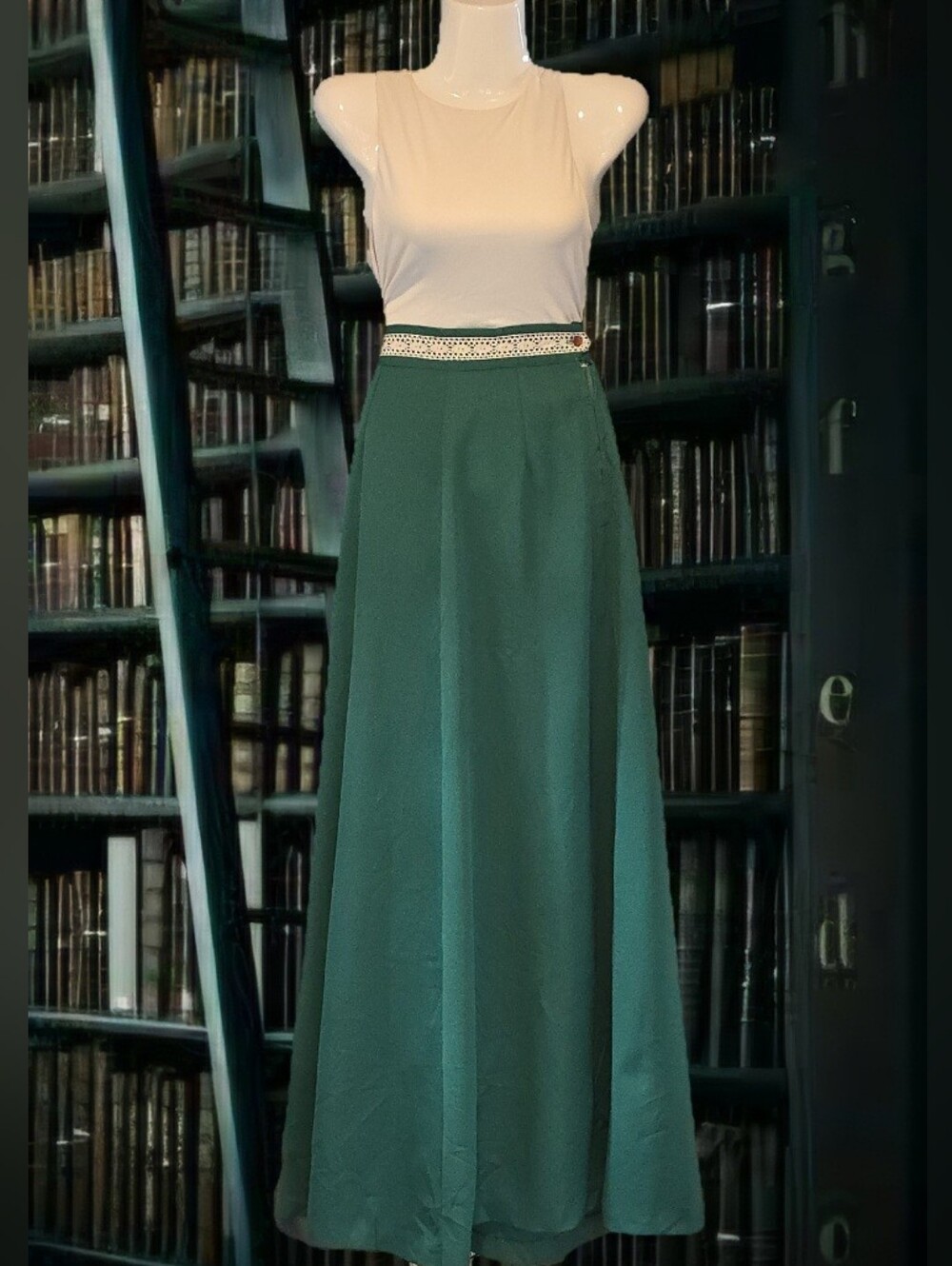 Vintage 60s Emerald Green Maxi Skirt with White Lace Waistband | High Waist